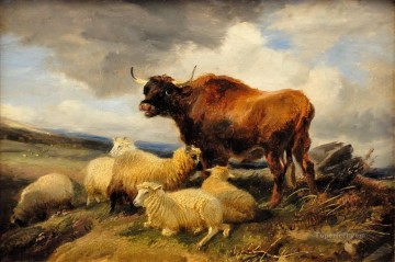 Sheep Shepherd Painting - cattle and sheep on meadow